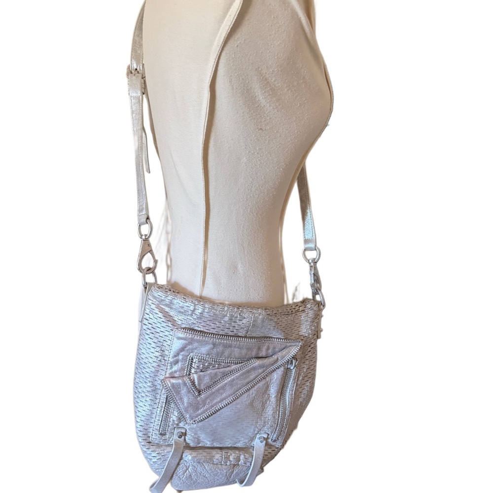 she & lo metallic distressed silver 100% leather crossbody bag large hobo bag